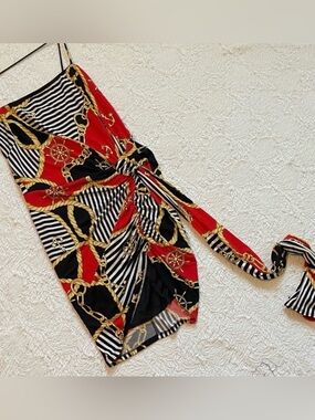 Nautical Print Red & Black Mini Dress with Tie Detail